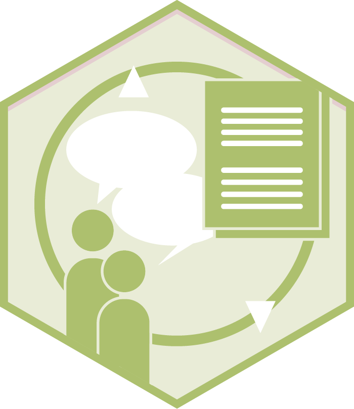 Hexagonal logo with two figures, speech bubbles, and a document, representing policy support, communication, and continuous feedback.