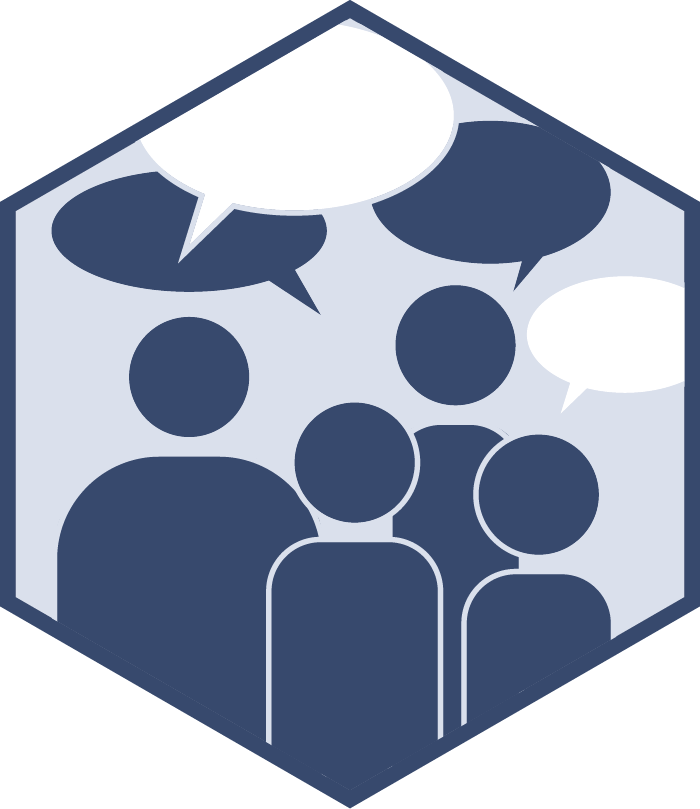 Hexagonal logo with abstract human figures and speech bubbles, symbolizing communication, dialogue, and promoting change through discussion.