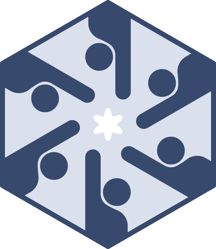 Hexagonal logo with six abstract figures reaching toward a central star, symbolizing unity, collaboration, and community.