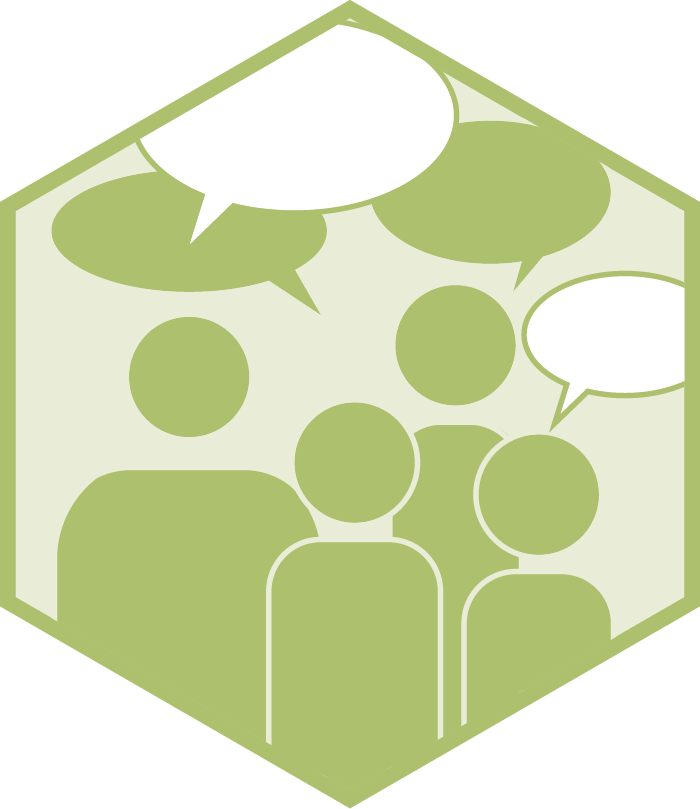 Hexagonal logo with abstract human figures and speech bubbles, symbolizing communication, dialogue, and promoting change through discussion.