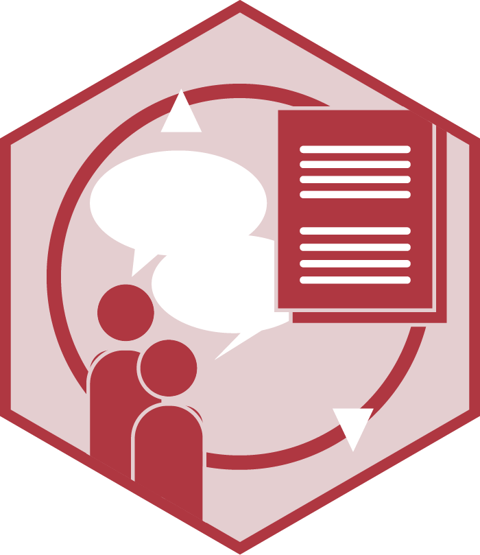 Hexagonal logo with two figures, speech bubbles, and a document, representing policy support, communication, and continuous feedback.